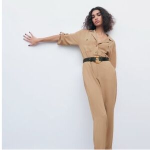 Zara Tan Utility Jumpsuit with Belted Waist